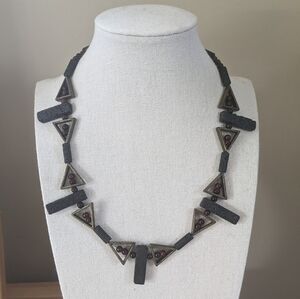 Elegant Black and Antique Brass Geometric Necklace